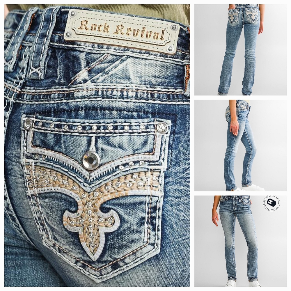 ❤️NeW❤️ ROCK REVIVAL CADEAU EMBROIDERED MID-RISE STRAIGHT JEANS 28